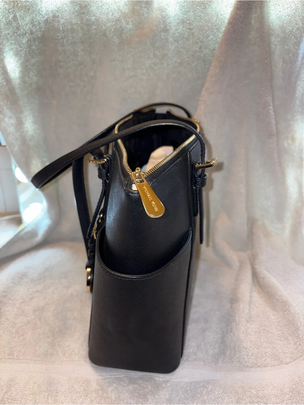 Michael Kors Black Leather Tote Bag with Gold Accent Authentic